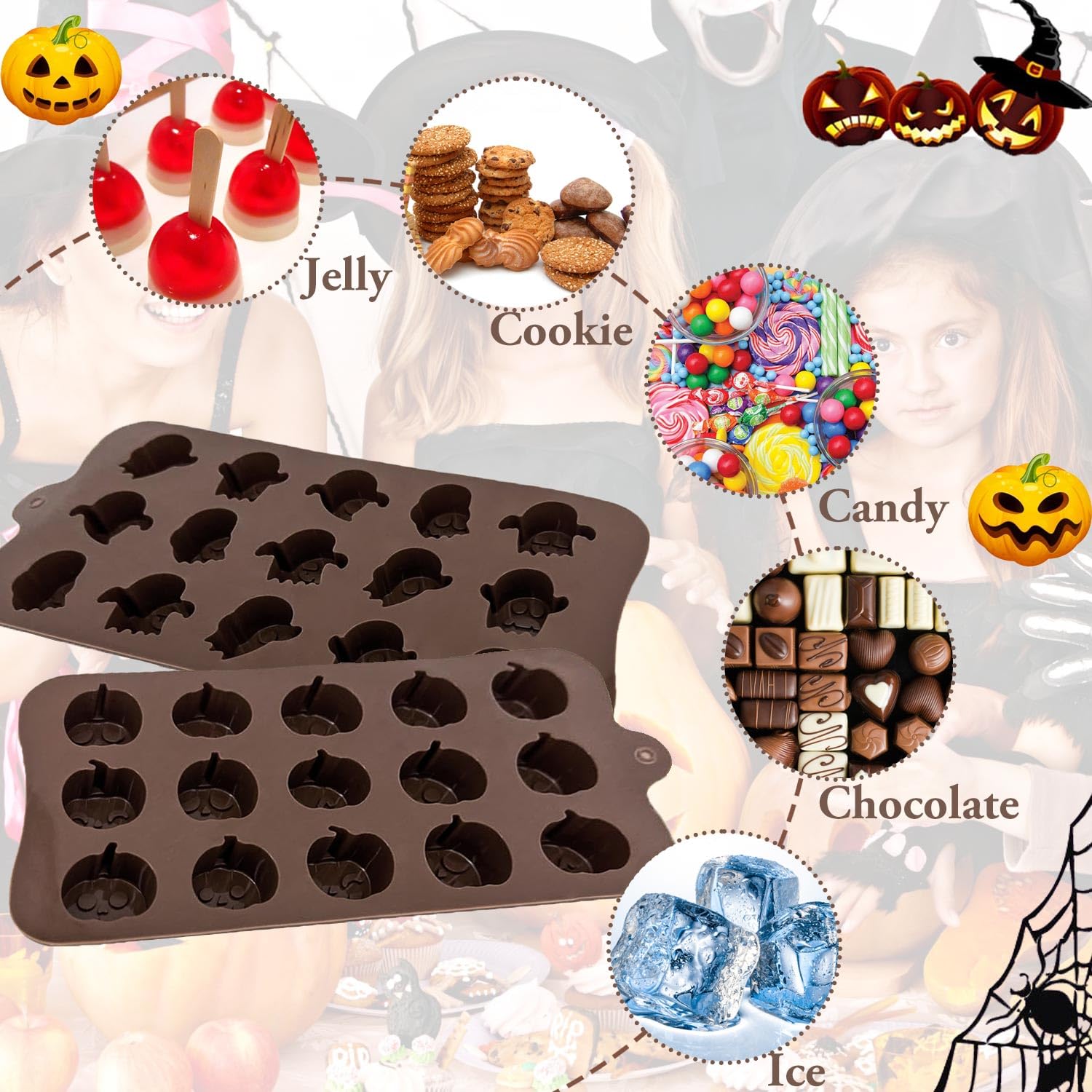 Moules En Silicone Pour Chocolat Halloween - 2 Pièces Fantôme/citrouille, Résistants à La Chaleur, Avec Compte-gouttes - 8