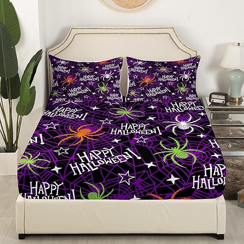 Miniatura 3 de Manfei Juego de sábanas de Halloween tamaño matrimonial, juego de ropa de cama de araña colorida para niños y niñas, decoración de habitación de