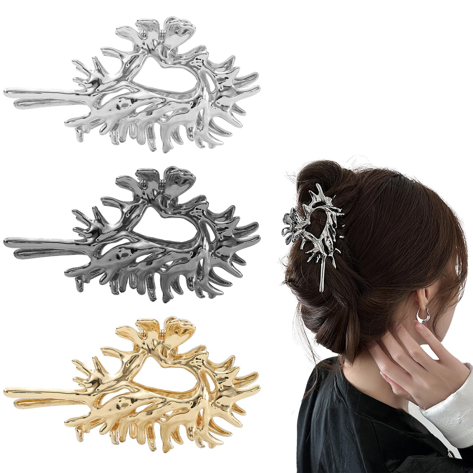 3-Pcs Metal Conch Hair Claw Clips for Thick Hair Non-Slip Shell Claw Clips, Trendy Metallic Colored Accessories
