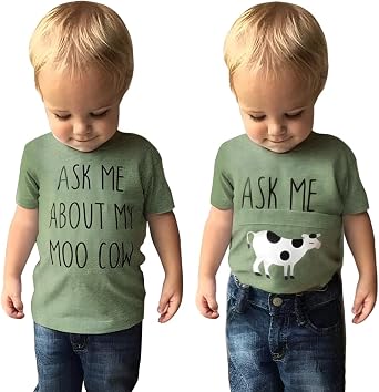 MODNTOGA Baby Boy Ask me About My moo Cow Shirt Little Cowboy Short Sleeve Top Toddler Kid T-rex Ranch T-Shirt Funny Dino Tee