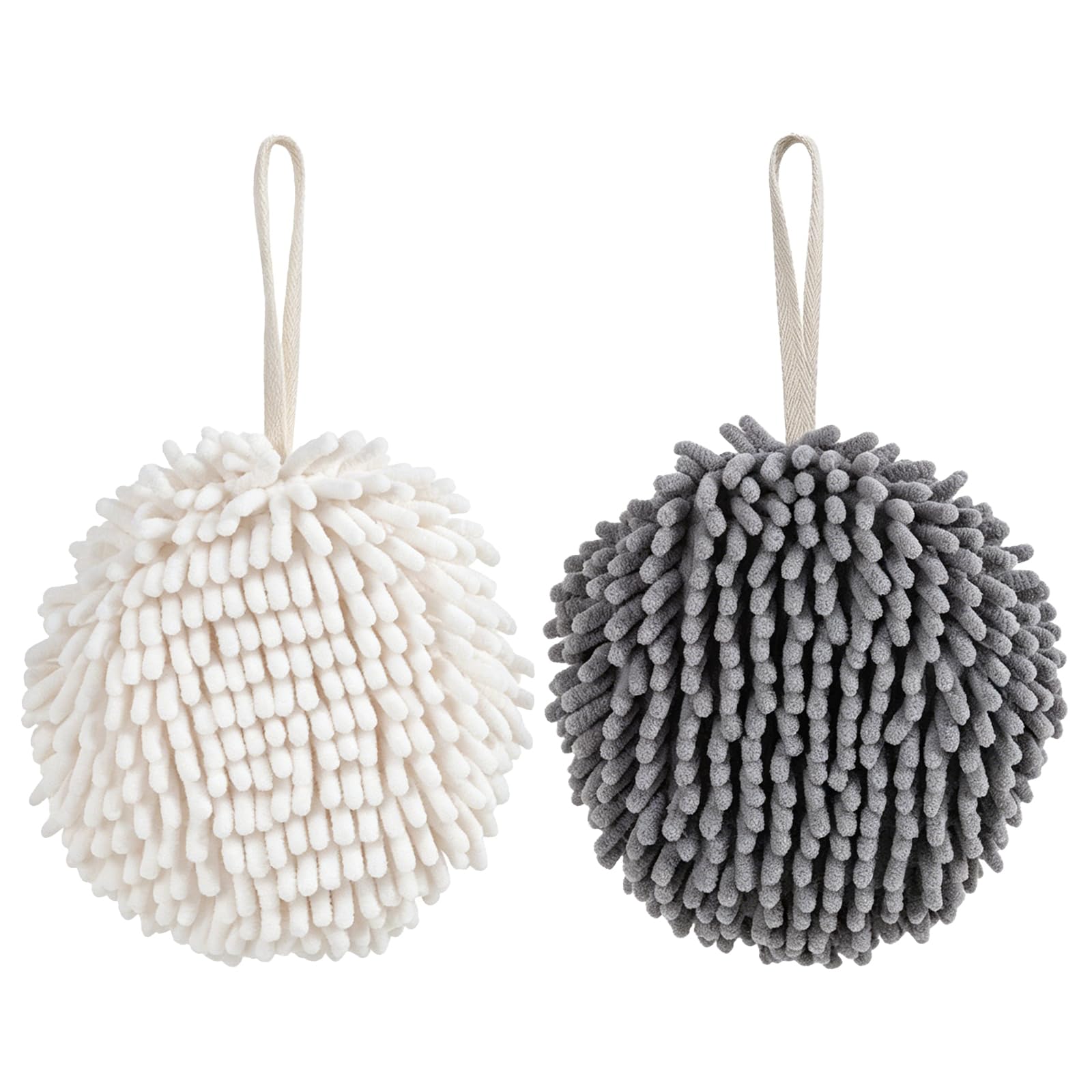 Ehuixinsheng 2Pcs Fuzzy Ball Hand Towels,Hanging Super Absorbent Soft Hand Towel Dry Your Hands Instantly for Kitchen Bathroom(Gray+White)