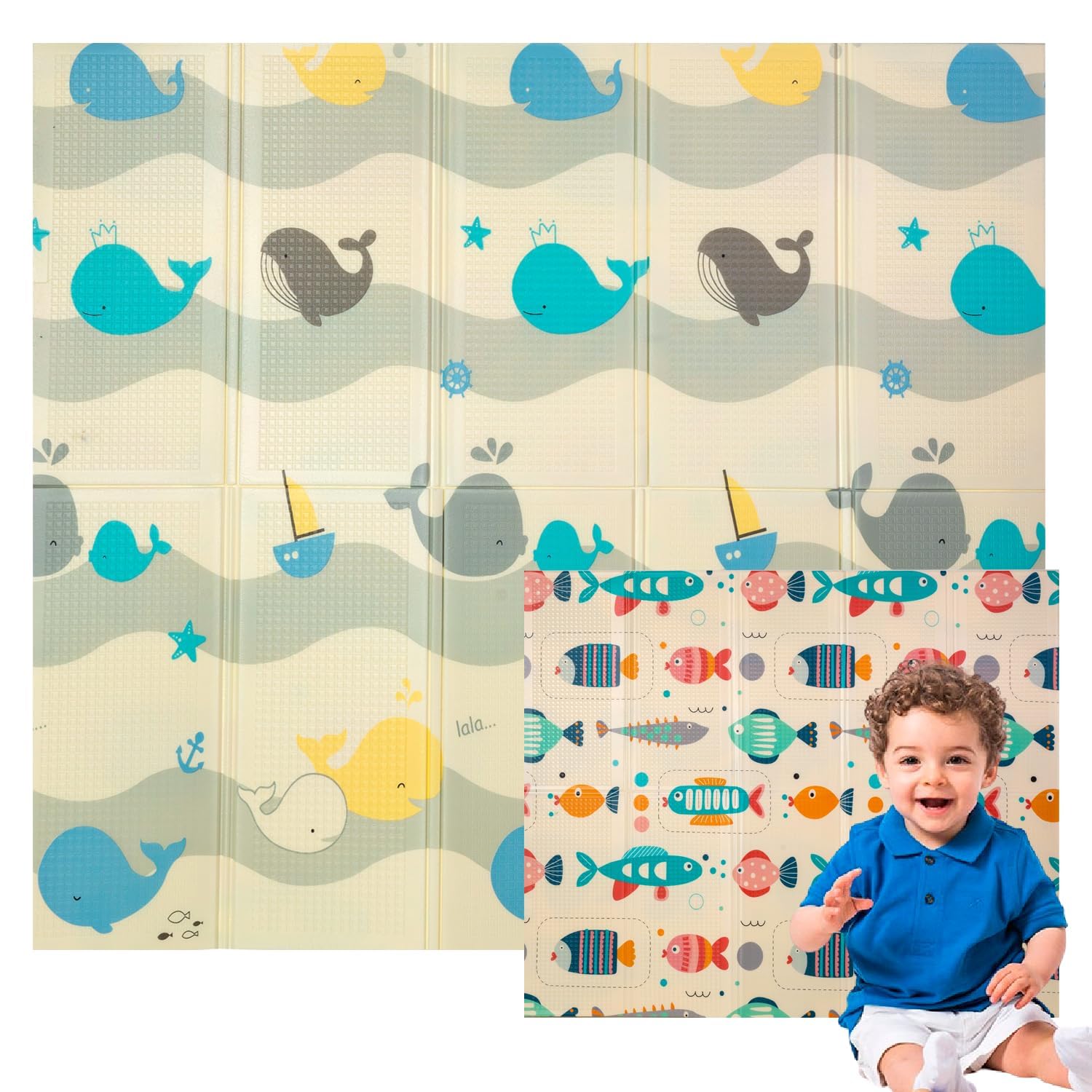 Edibaby, Alfombra Bebe, 200 x 180 cm, 1 cm Grosor, Diseño Infantil, Acolchada de XPE, Reversible y Plegable, Tapete Actividades, Colchoneta para Niños para Juegos en el Suelo (Ocean Edition)