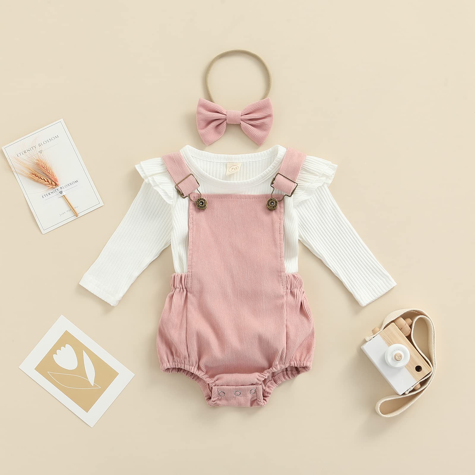 Newborn Infant Baby Girl Overall Romper Clothes Set Long Sleeve T Shirt Suspender Bodysuit Headband 3Pcs Fall Outfits (Pink,6-12 Months)