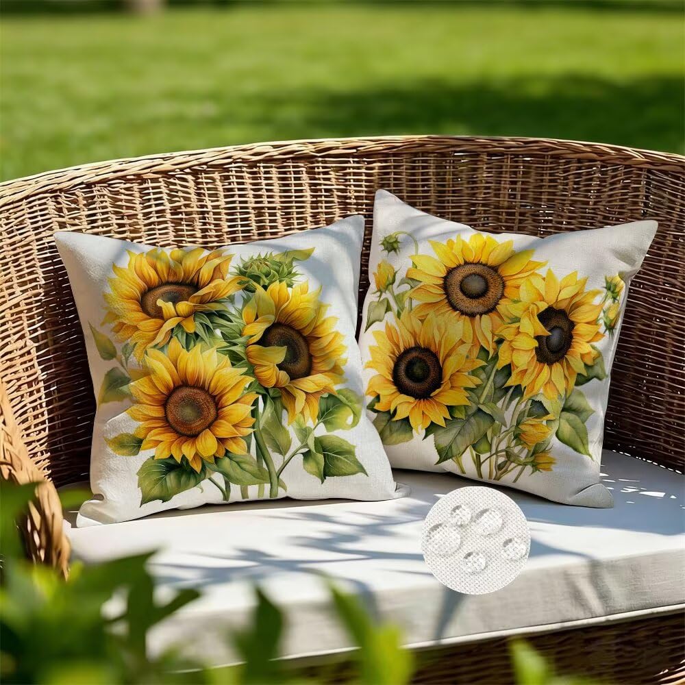 Outdoor Cushions Waterproof Yellow Cushion Covers 35cm x 35cm Set of 2 Sunflower Garden Cushions Pastoral Cushion Cover Decorative Pillows Linen Throw Pillow Case for Garden Furniture (IU179)
