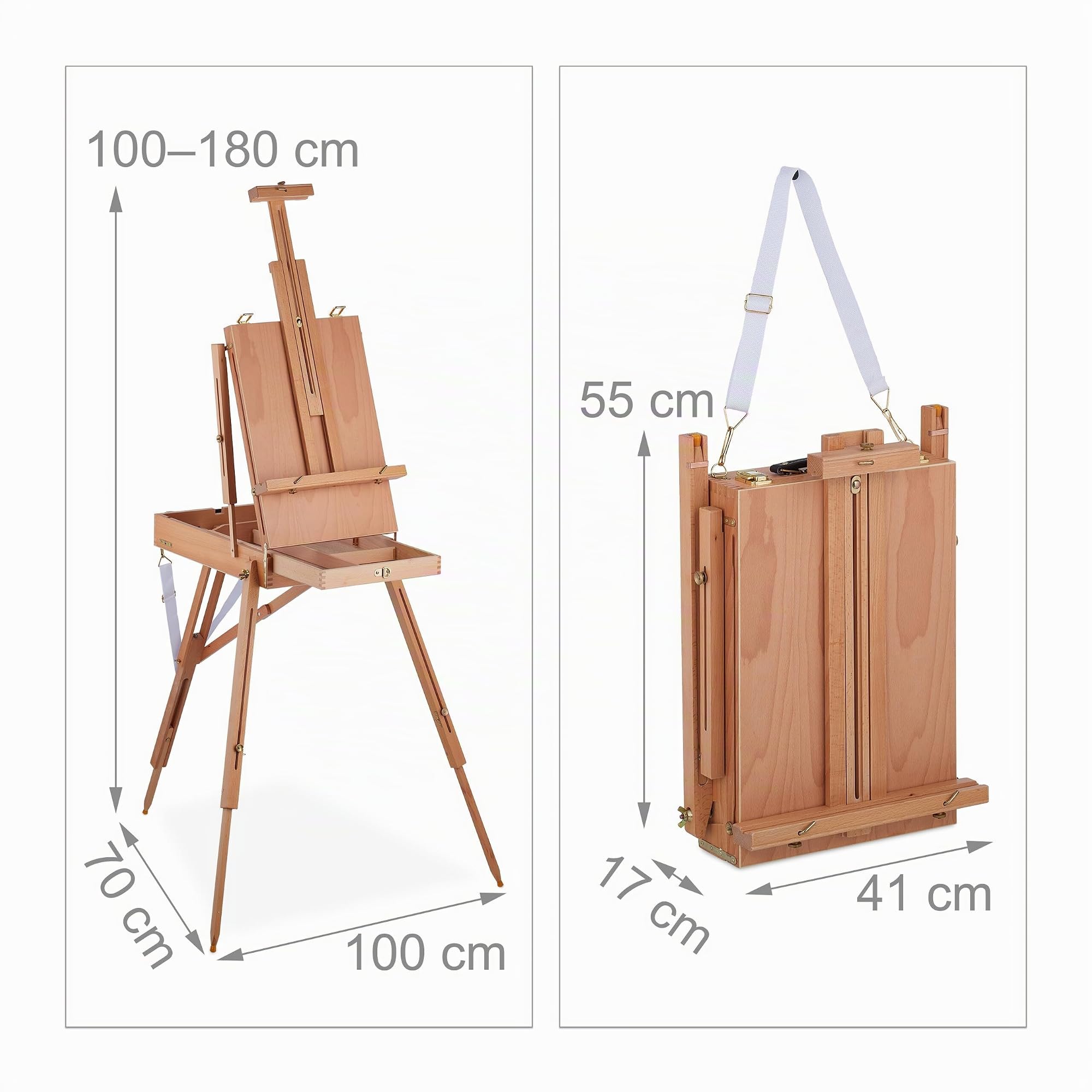 Relaxdays Caballete Portátil de Madera, para Adultos, Altura e Inclinación Regulables, Tablero XL con Cajón, Natural