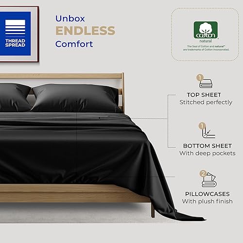 Miniatura 3 de THREAD SPREAD Sábanas de 100 % algodón para cama tamaño King, juego de sábanas de algodón de 4 piezas de 400 hilos, sábanas refrescantes suaves y