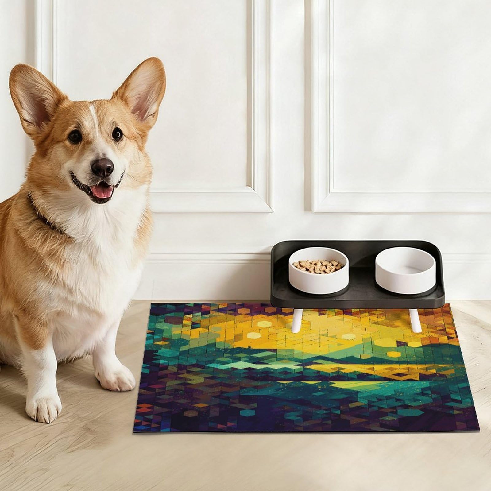 Tapis de nourriture hexagonal brillant pour chat – Tapis d'alimentation antidérapant pour chien facile à nettoyer pour la nourriture et l'eau, tapis de gamelle pour chien et chat 43,2 x 76,2 cm