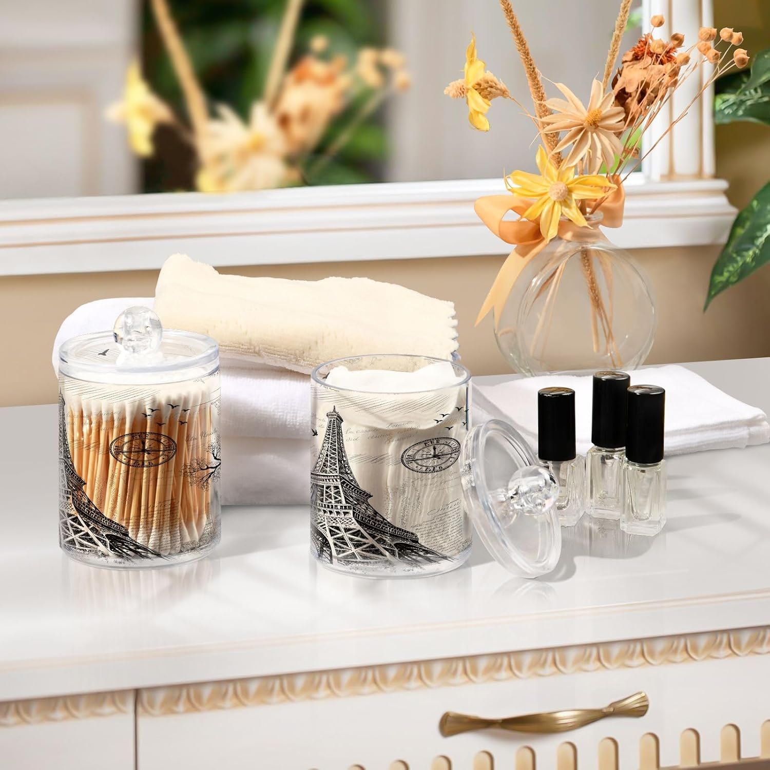 Paris Eiffel Tower Qtip Holder Dispenser 2 PCS Plastic Bathroom Canister Apothecary Jars with Lid 14 oz Vanity Makeup Storage Organizer for Cotton Swabs, Balls, Pads, Floss