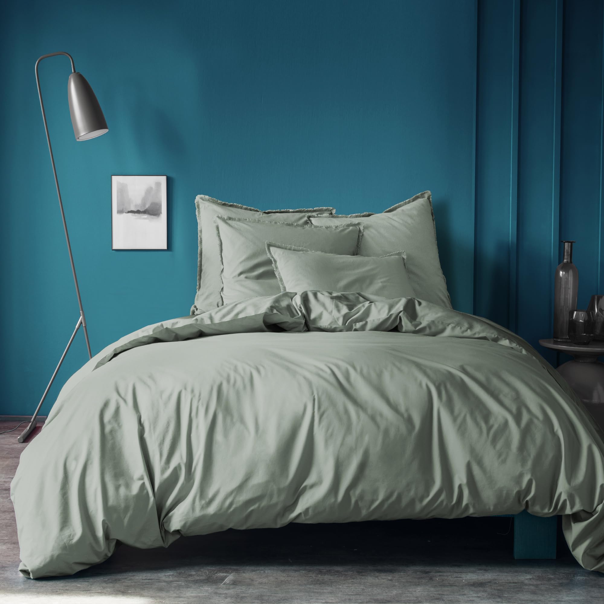 MATT & ROSE Parure de lit Coton LAVÉ Unie avec taies à Franges 100% Coton | Lichen | Housse de couette 260x240 cm + 2 taies d'oreiller 50x70 cm | Fermeture boutons | Certification Oeko-Tex