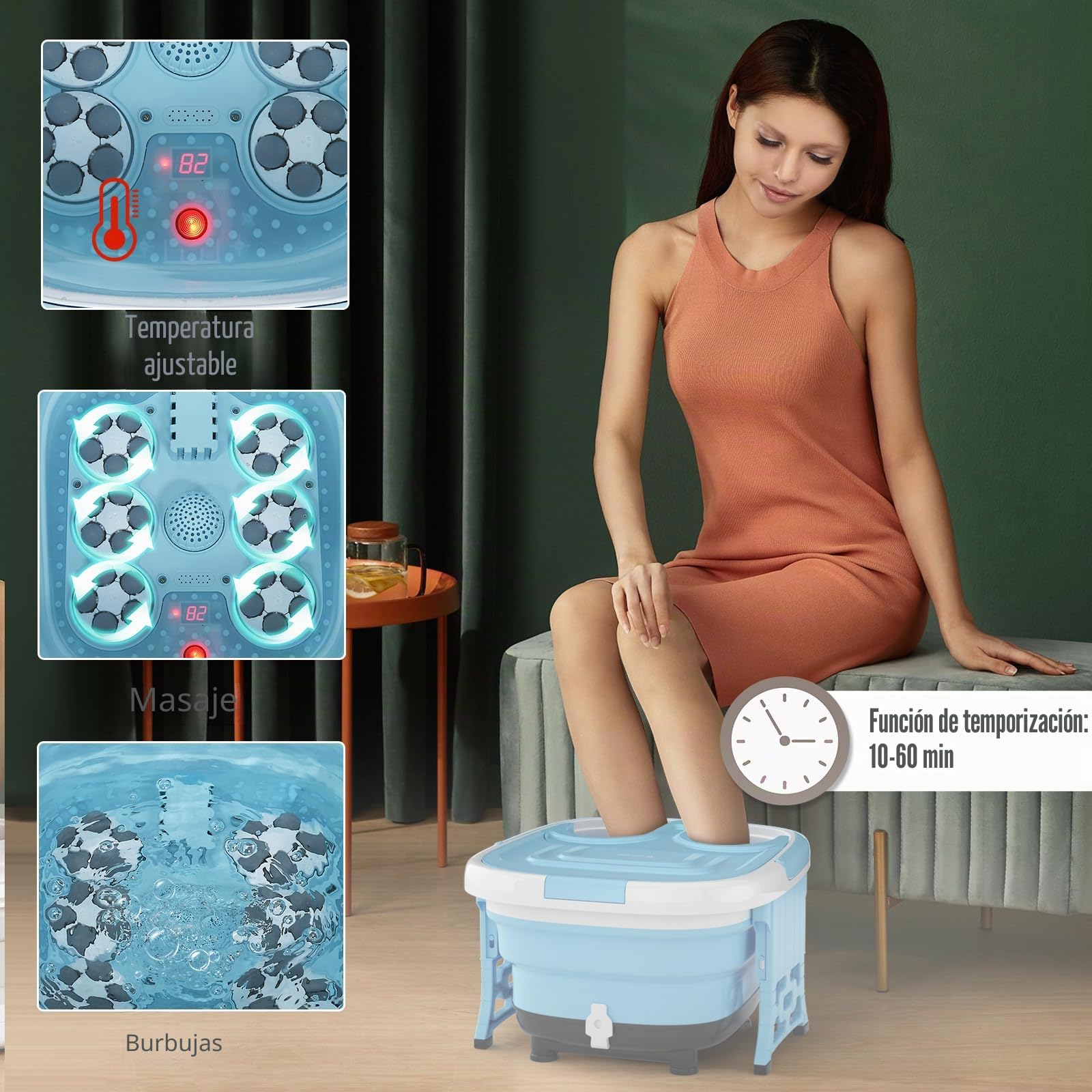 HOMASIS - Baño de Pies Plegable Eléctrico con Masaje, Rodillos y Burbujas, Spa para Pie con Temporizador y Mando a Distancia, Gris/Azul (Azul)
