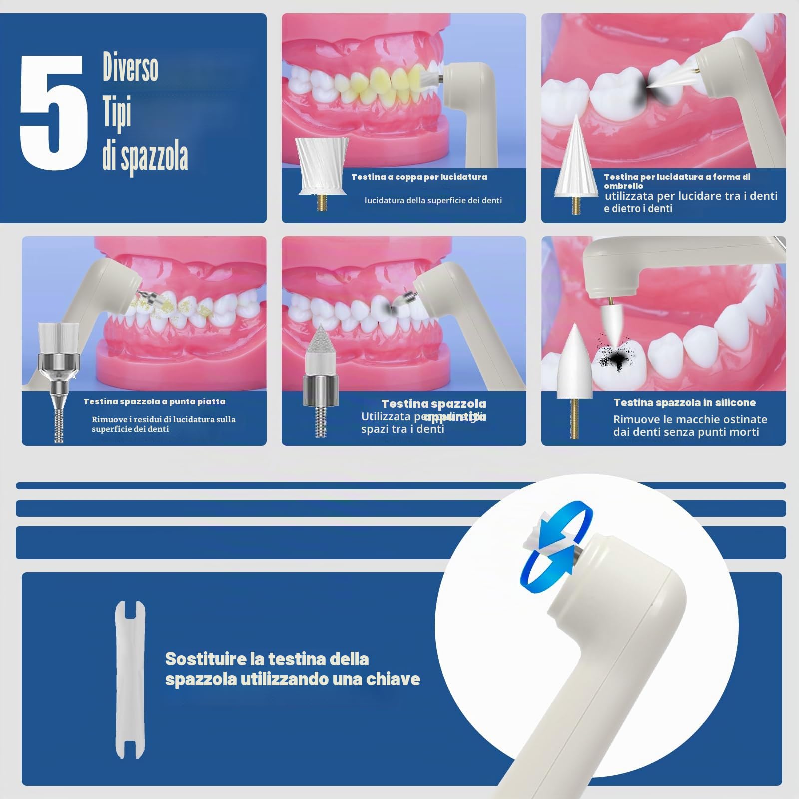 Lucidatore dentale elettrico multifunzionale, impermeabile IPX6, 5 modalità di intensità, luce LED, 5 accessori, sbiancamento dei denti e pulizia profonda