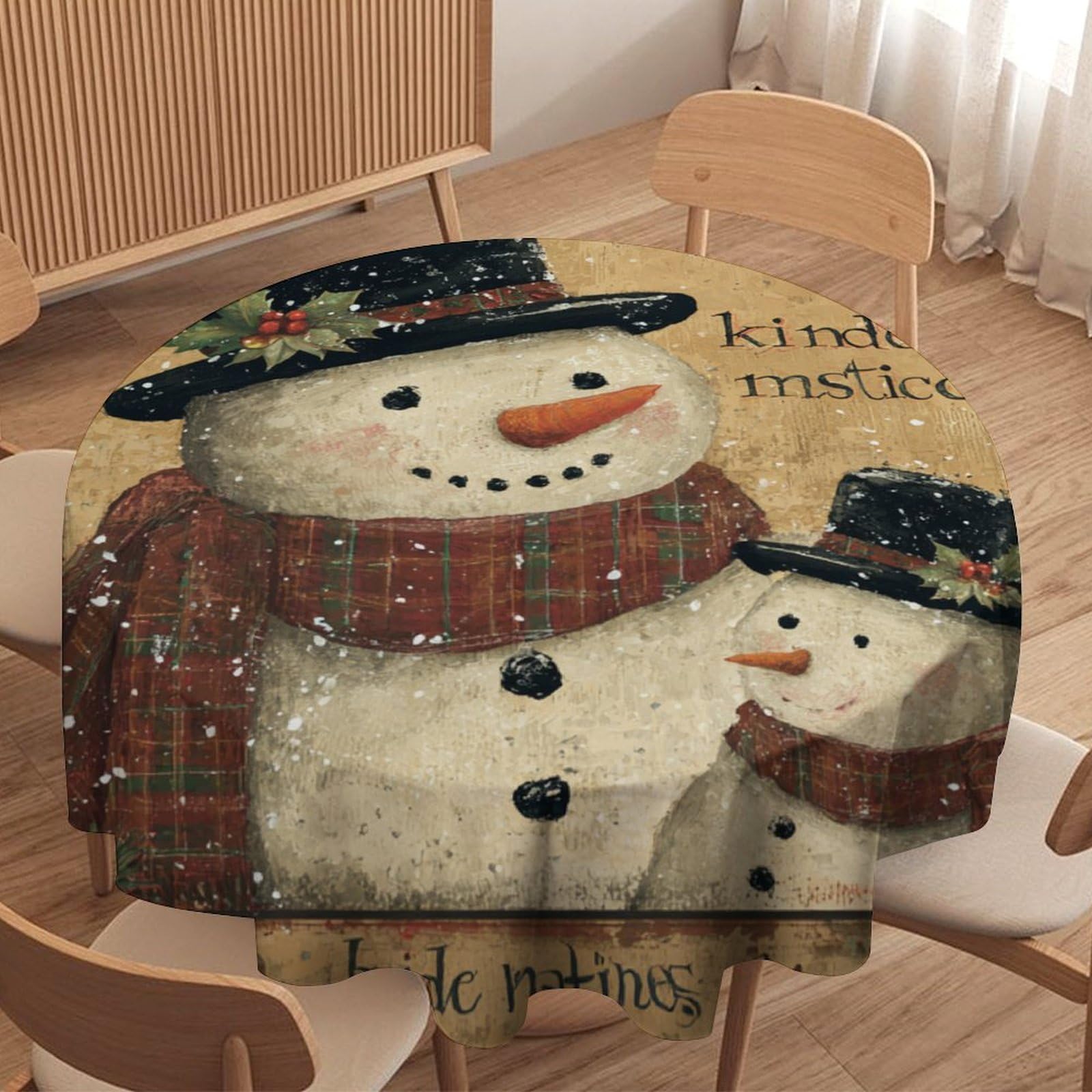 LUYYSKY Classic Cute Snowman Waterproof Round Tablecloth Rustic Vintage Christmas Winter Snowman Pine Green Leaf Washable Table Cover for Kitchen-127 Wx127 L cm