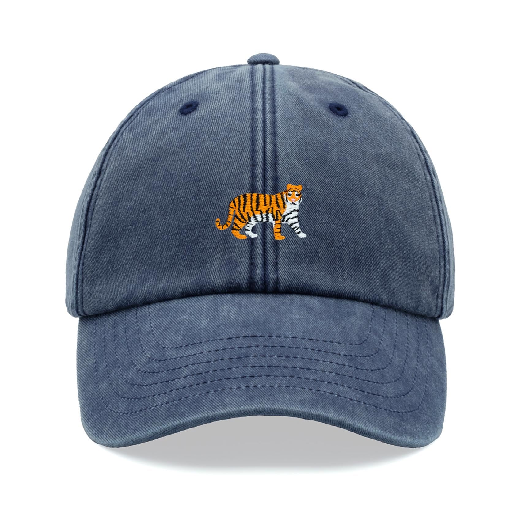 Tiger Baseball Cap Vintage Washed Unisex Dad Hat Adjustable Blue Denim