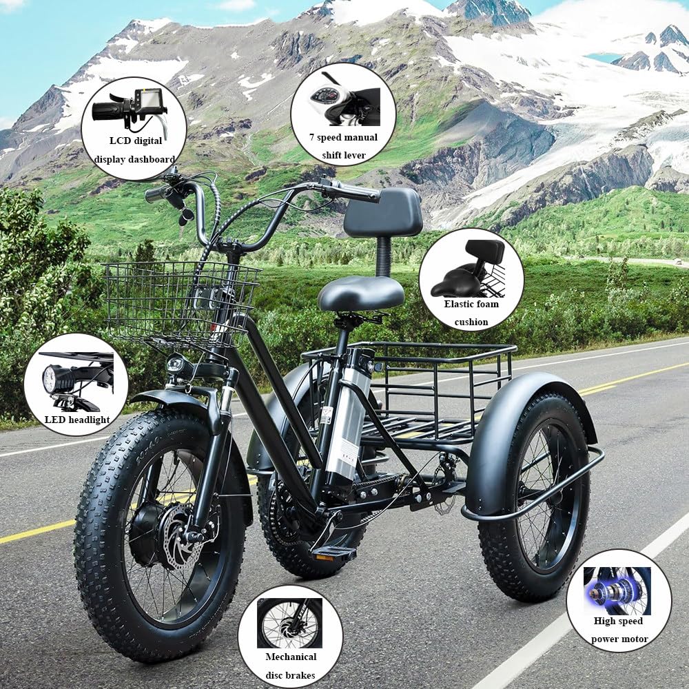 Vélo Pliant À Trois Roues pour Adultes,Batterie 48V 13Ah,Pneus Larges 20X4,7 Vitesses,Phare LED,Tableau De Bord,Grand Panier,Freins À Disque Doubles,Vélo Tout-Terrain pour Seniors