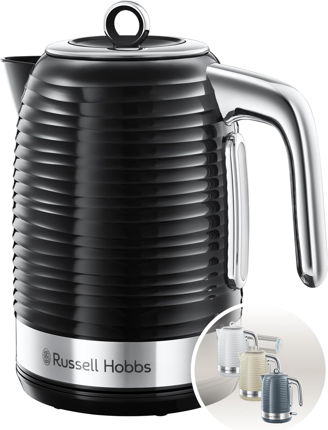 Inspire Electric 1.7L Cordless Kettle (Fast Boil 3KW, Black premium textured plastic, high gloss finish, Removable washable anti-scale filter, Pull off lid, Perfect pour spout) 24361
