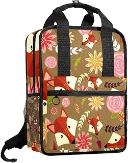 Mochilas para niños con diseño de zorro, flores amarillas y rosas, bolsas coloridas con correas de hombro ajustables para niñas, Multicolor, 14x10.2x4.7 in/35.5x26x12 cm