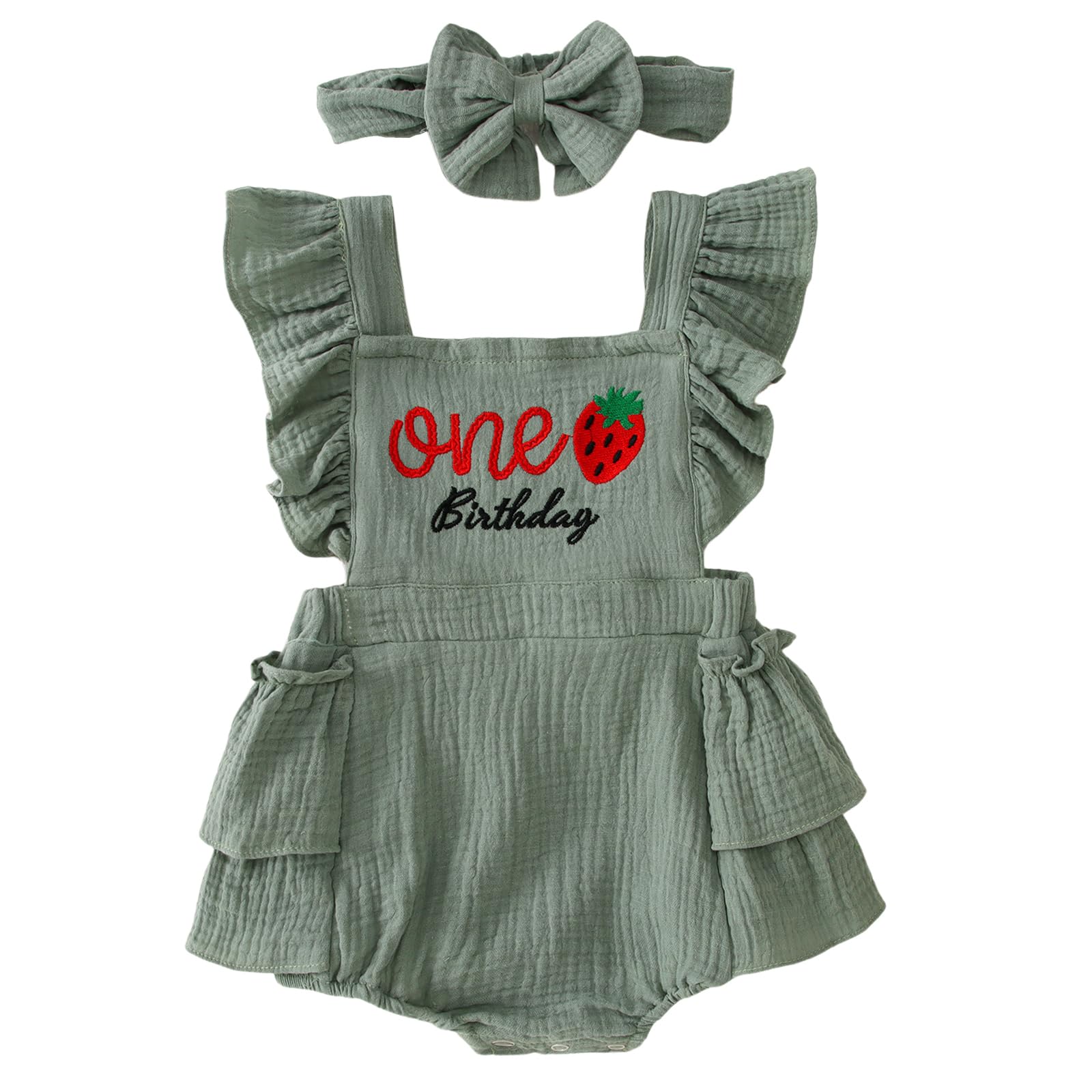 GLIGLITTR Baby Girls First Birthday Outfit 1st Birthday Romper Ruffle Sleeve One Year Old Girls Birthday Bodysuit + Headband