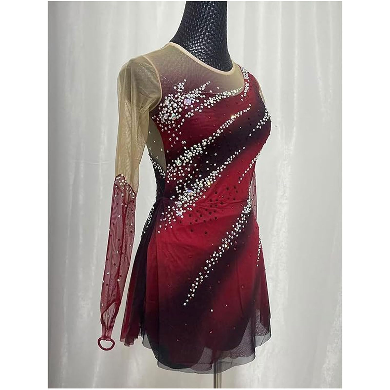 Abito da Pattinaggio su Ghiaccio Crystal Gonna da Concorrenza di Pattinaggio Artistico Vestito Esibizione con Pattini a Rotelle Body da Ginnastica Ritmica con Tintura Halo