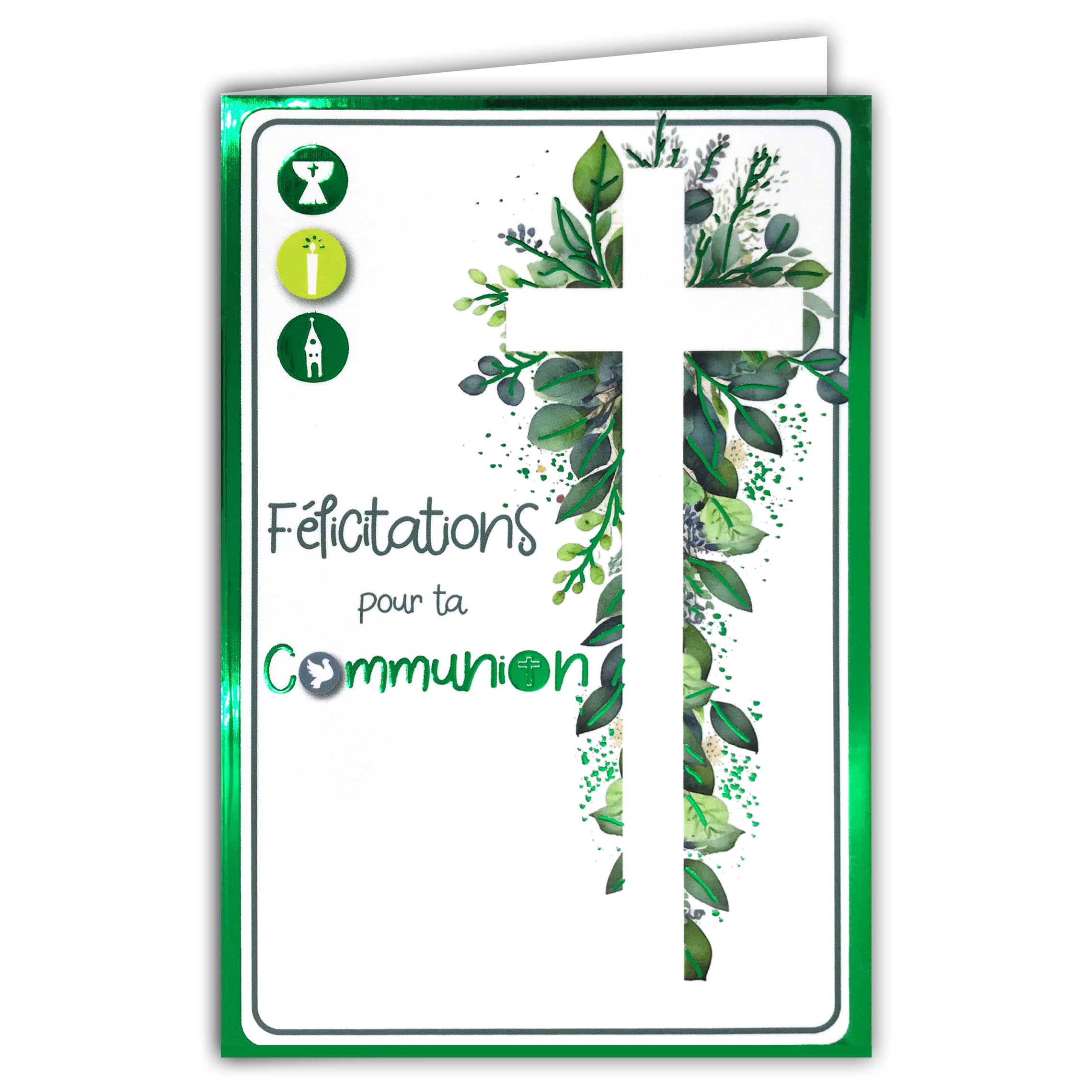 68-6006 Congratulations on Your Communion Card for Boy Girl Christian Cross Catholic Foliage Glossy Green with White Envelope 12 x 17.5 cm Made in France