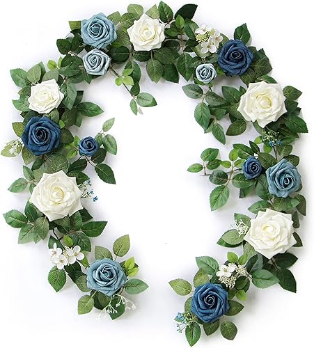 PONATIA Guirnalda de flores artificiales de rosas hechas a mano de 5 pies, guirnalda de flores azul polvoriento y follaje para ceremonia de boda,