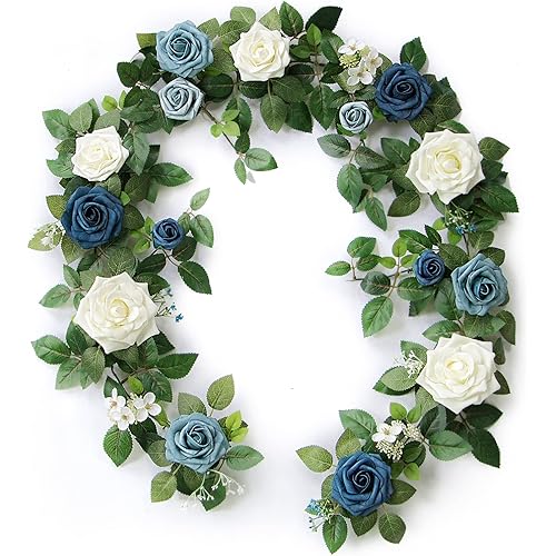 PONATIA 5FT Handcrafted Artificial Rose Flower Garland, Dusty Blue Flowers Greenery Garland for Wedding Ceremony Garlands Backdrop Arch Flowers, Ceremony Reception Table Decorations