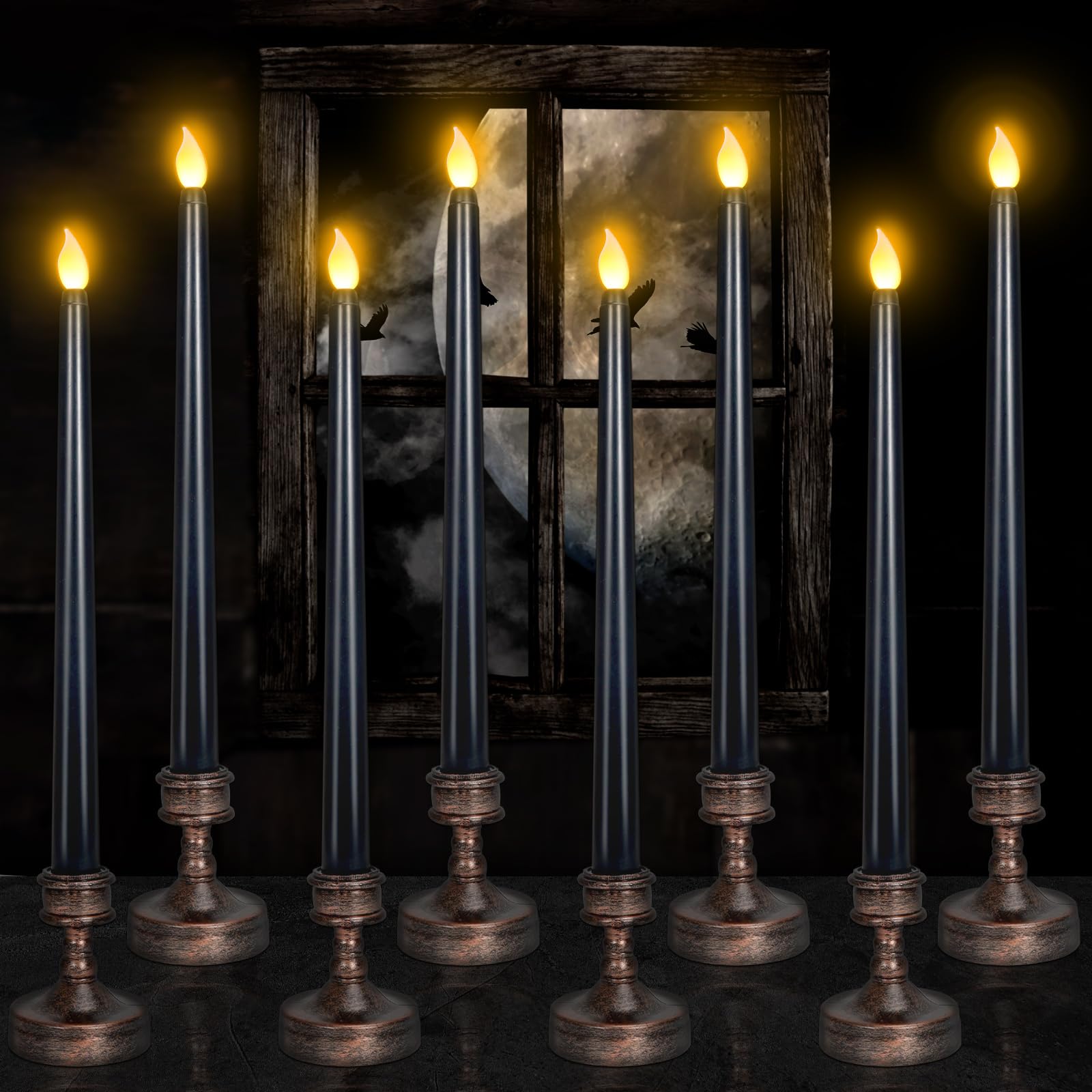 YUNVI Set of 5 Black Halloween Candles,Flameless Taper Candles with Base,LED Candlesticks Battery Operated,Plastic Flickering Flameless Candles for Halloween Fireplace
