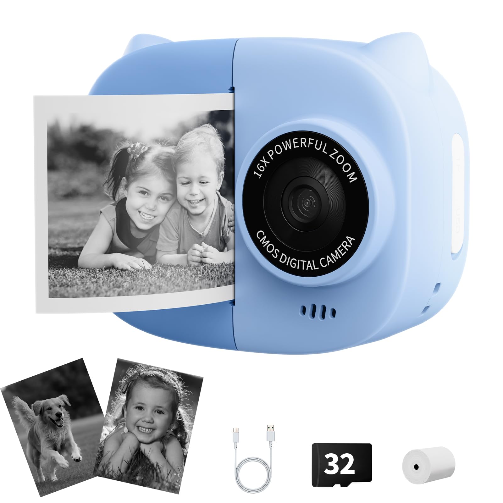 Portable Instant Camera for Kids Print Photos Travel Digital 1080P Video Camera for Toddlers 3 4 5 6 7 8 Year Old Boy Holiday Christmas Birthday Gifts (Blue)