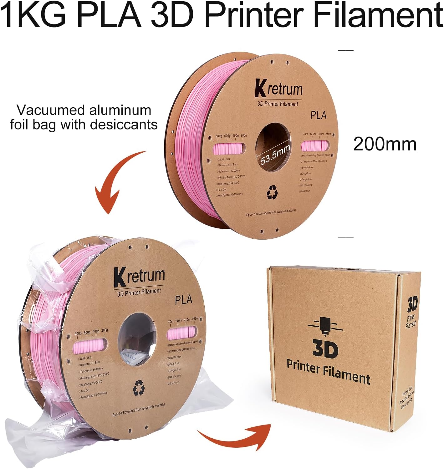 Kretrum Pink PLA 3D Printing Filament 1.75mm 1KG 2.2LBS Cardboard Spool 1.75mm PLA 3D Printer Filament Refills Suitable for Most FDM 3D Printer fits Bambu Creality FlashForge Anycubic ELEGOO etc. Pink