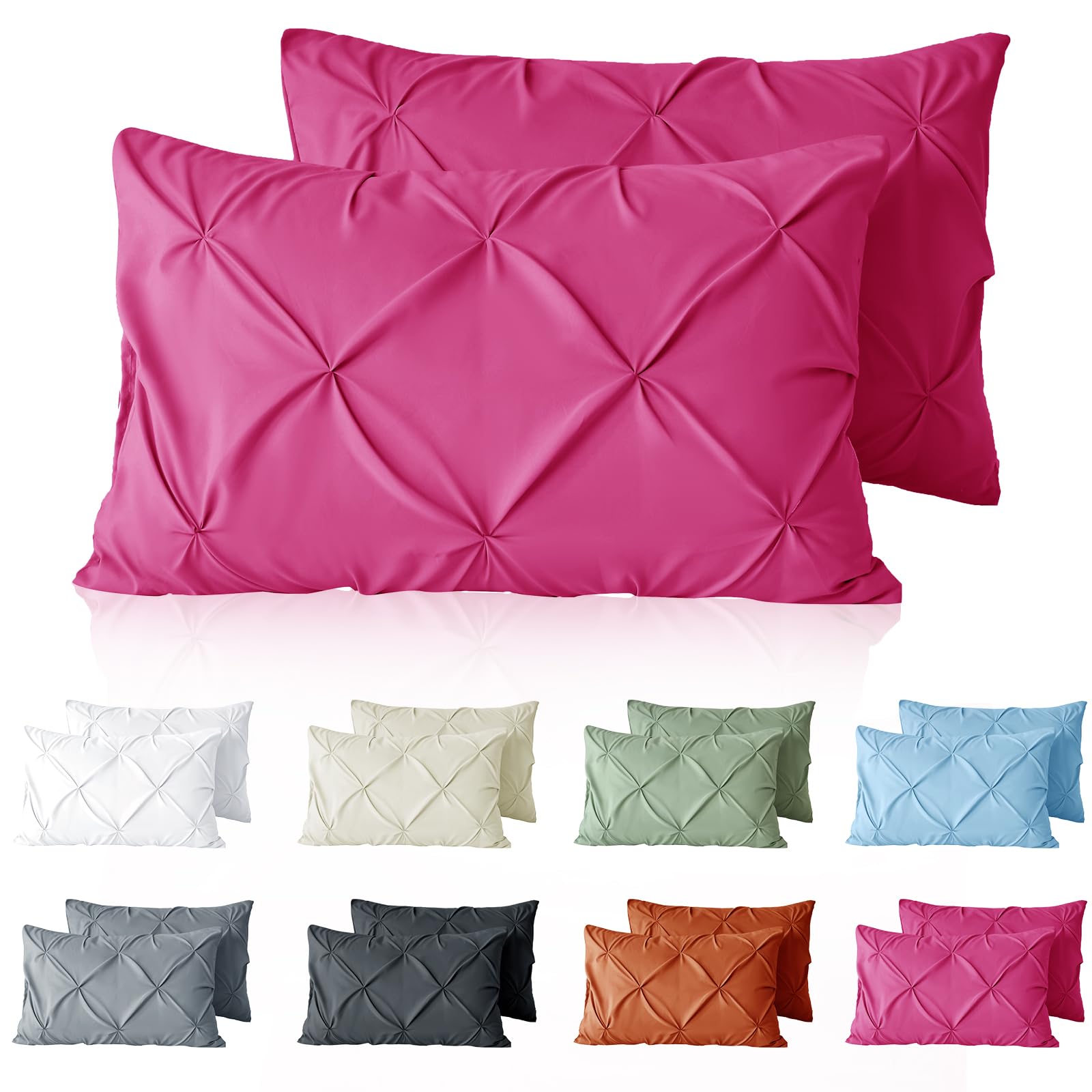 VACVELT Pintuck Pillow Cases Queen Size Set of 2, Hot Pink Pillow Shams Decorative Pillowcases with Envelope Closure, Pinch Pleated Microfiber Pillowcases, Wrinkle and Stain Resistant