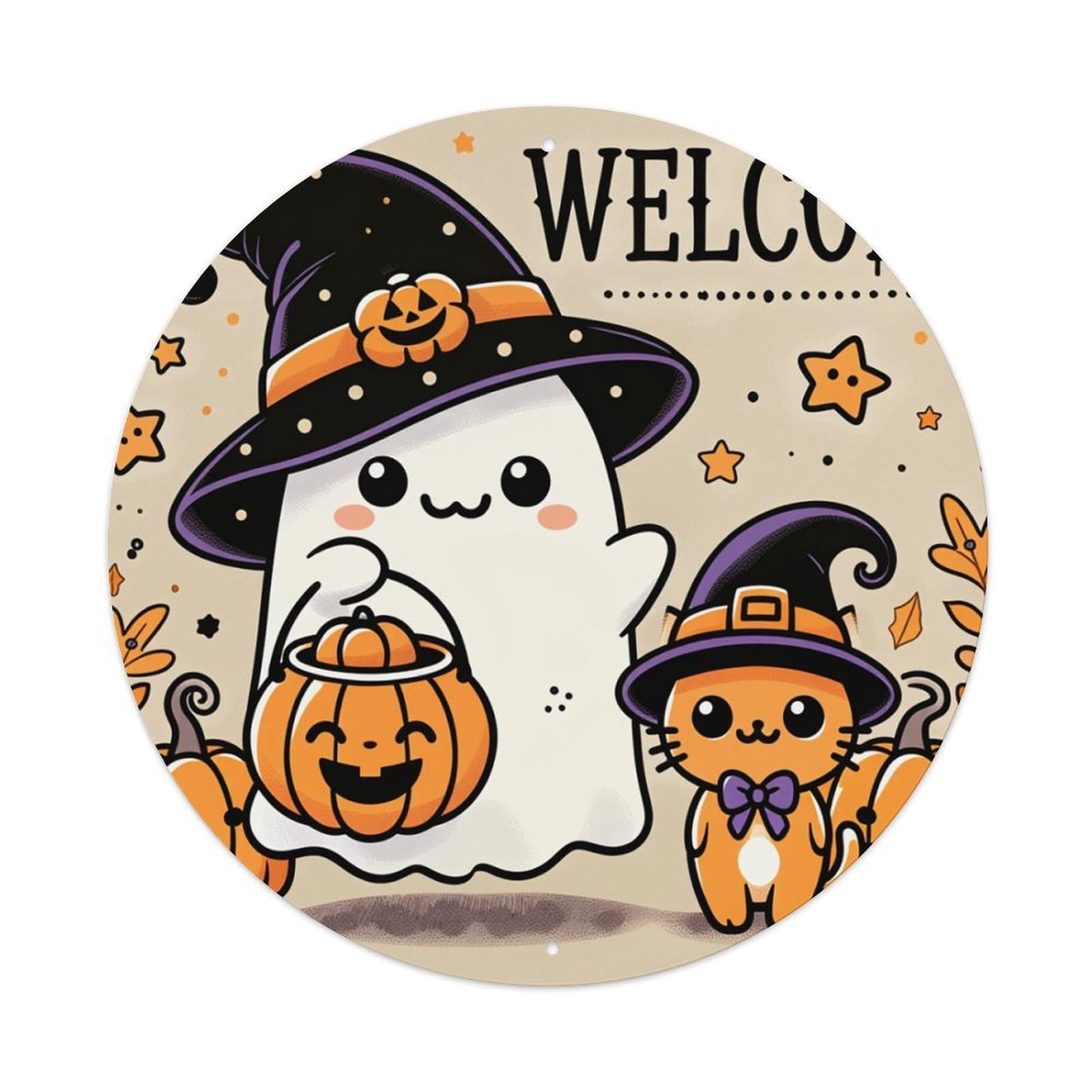 Cute Ghost And Cat Halloween Round Tin Sign Retro Metal Sign for Cafe Bar Pub Home Game Room Gym Club Wall Decoration Vintage Metal Poster 8x8 Inch