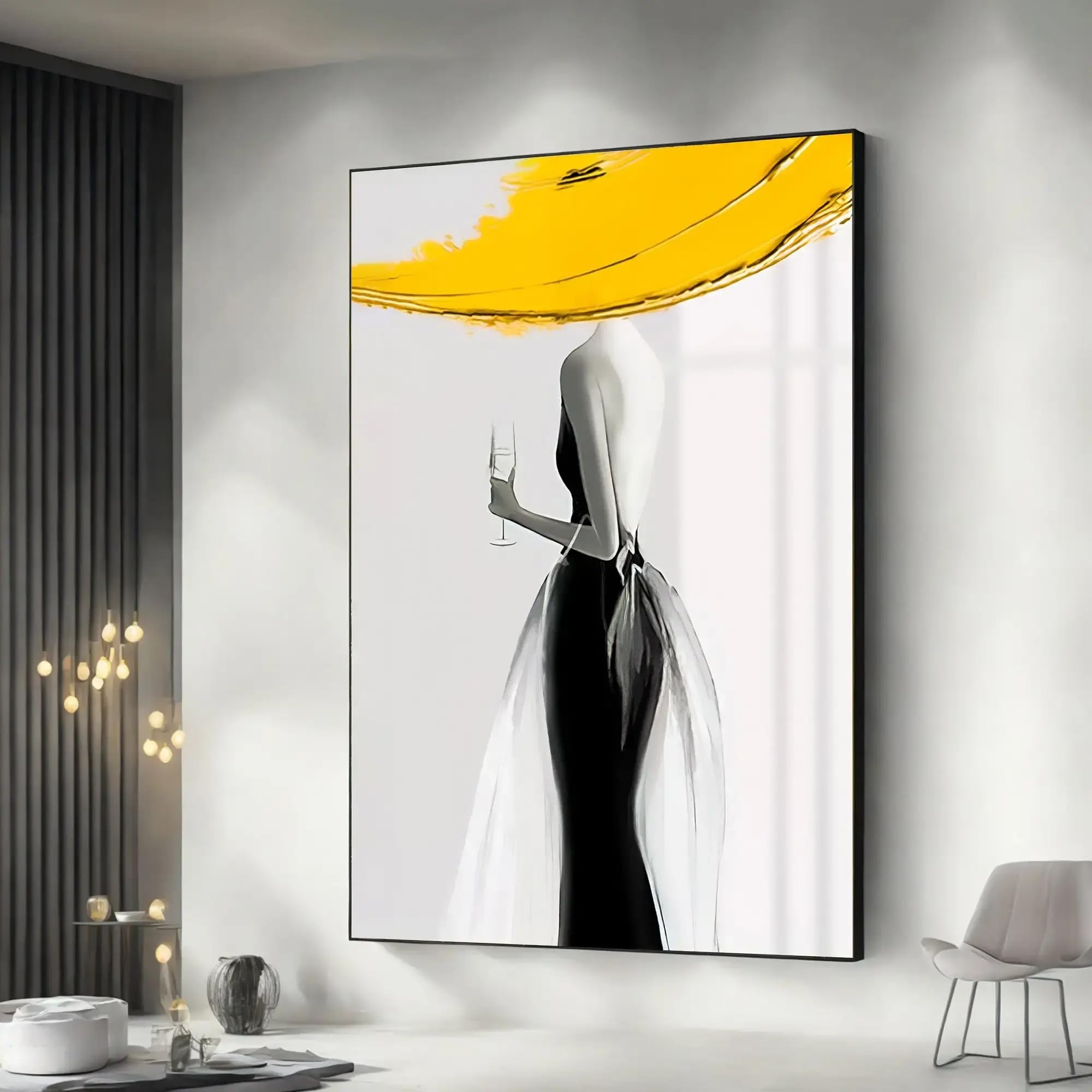 Maimang Frameless Beautiful Woman In Yellow Hat Abstract Woman Painting Fashion Canvas Painting Woman Art Poster Home Decor 70X100cm