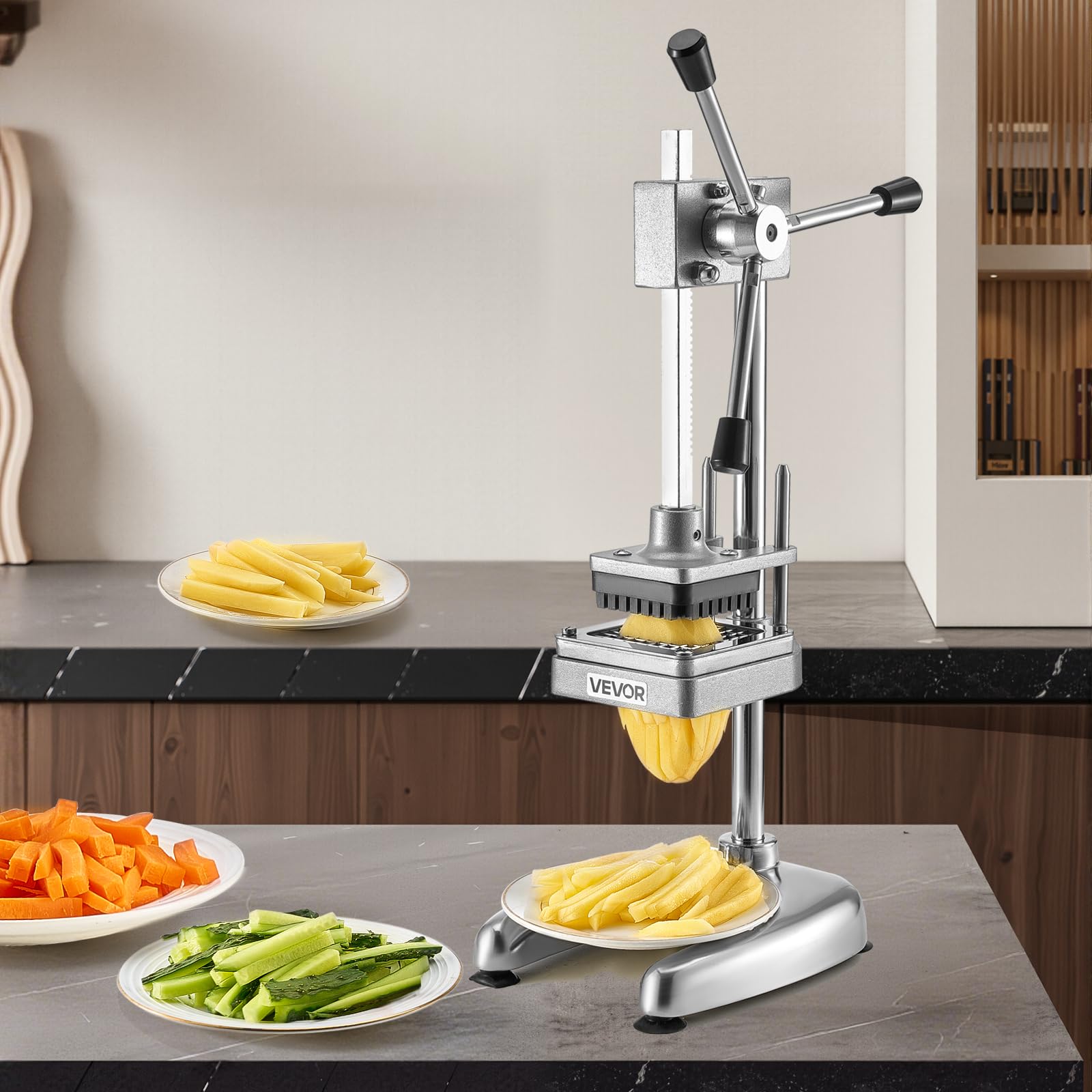 VEVOR Cortador de Papas Fritas Picador de Frutas y Verduras de Acero Inoxidable con 3 Cuchillas de Repuesto de 12,7/9,525/6,35 mm Cortador Manual de Papas para Restaurantes, Cocinas Domésticas