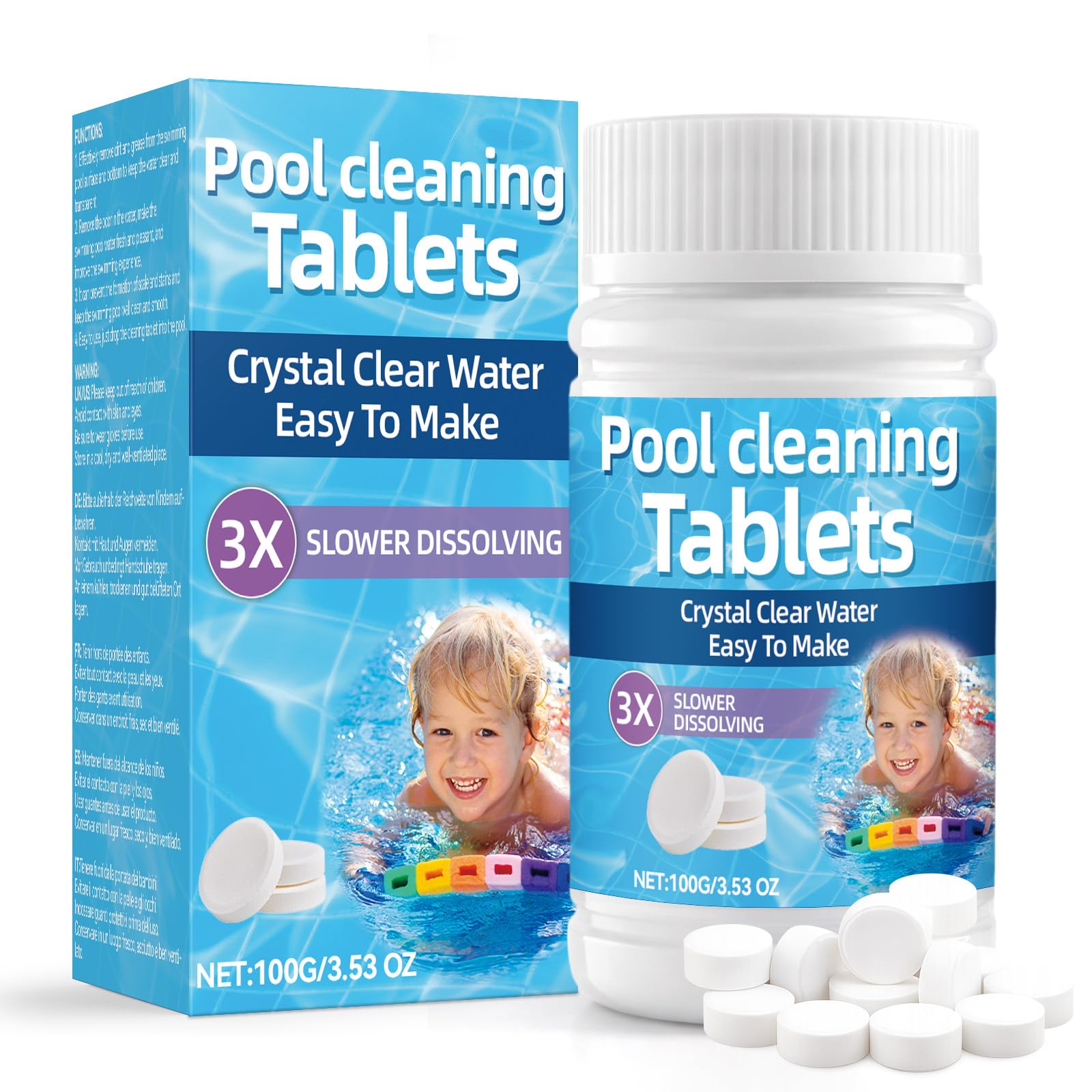 Multifunctional Chlorine Tablets, 100g Slow-Dissolving Long-Lasting Cleaning Tablets for Swimming Pools, Hot Tubs, Spas & Bathtubs