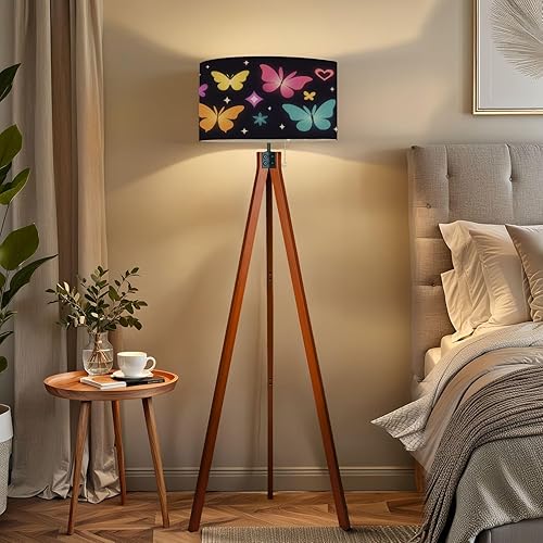 Miniatura 5 de Lámpara de pie trípode de madera mariposa y2k futurista colección de figuras estéticas neón abstracto de mediados de siglo, lámpara de pie de lino