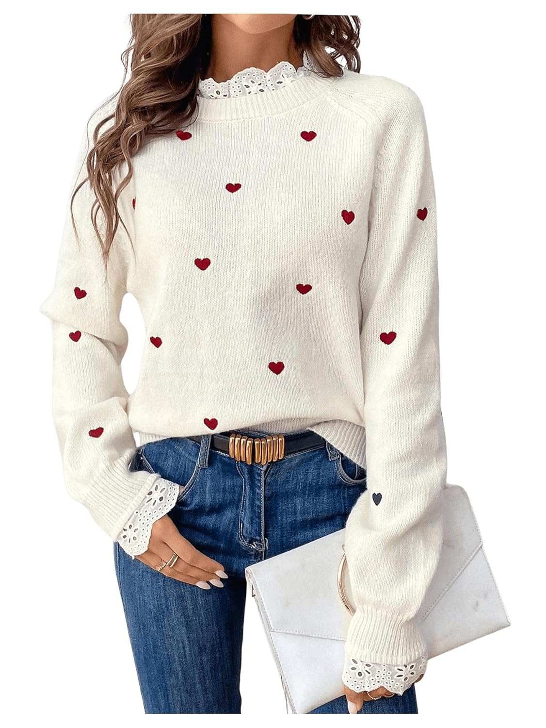 GORGLITTER Womens Heart Lace Cute Cozy Pullover Sweater 2025 Long Sleeve Trendy Knitwear Valentine Sweater Jumper