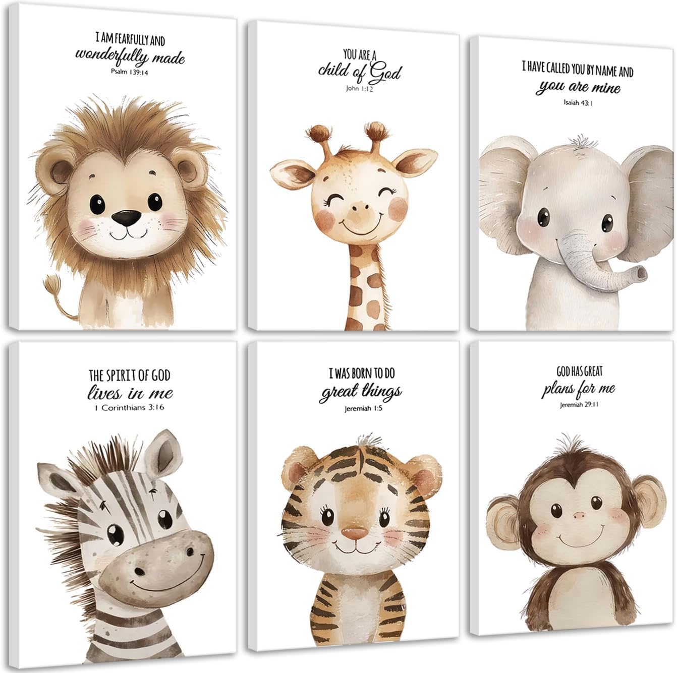 6Pcs Nursery Bible Verse Animal Canvas Wall Art Cute Woodland Animals Christian Picture Wall Decor Lions Elephant Giraffe Poster Print Artwork for Classroom BabyBedroom Boys Girls Home Decoration