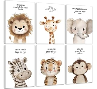 6Pcs Nursery Bible Verse Animal Canvas Wall Art Cute Woodland Animals Christian Picture Wall Decor Lions Elephant Giraffe Poster Print Artwork for Classroom BabyBedroom Boys Girls Home Decoration - Amazon product rated Grade A