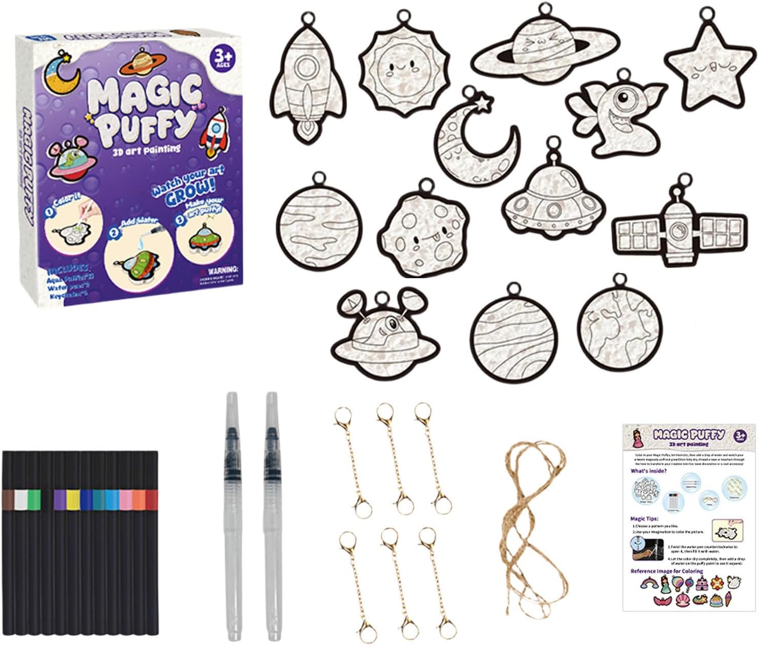 Aqua Puffs Art Kit for Kids, Birthday Gift – Mess-Free Paint by Number Crafts, DIY Color & Inflate Activity Set, Creative Travel Toy & Gift for Girls & Boys Ages 4-10 (B Space Set)