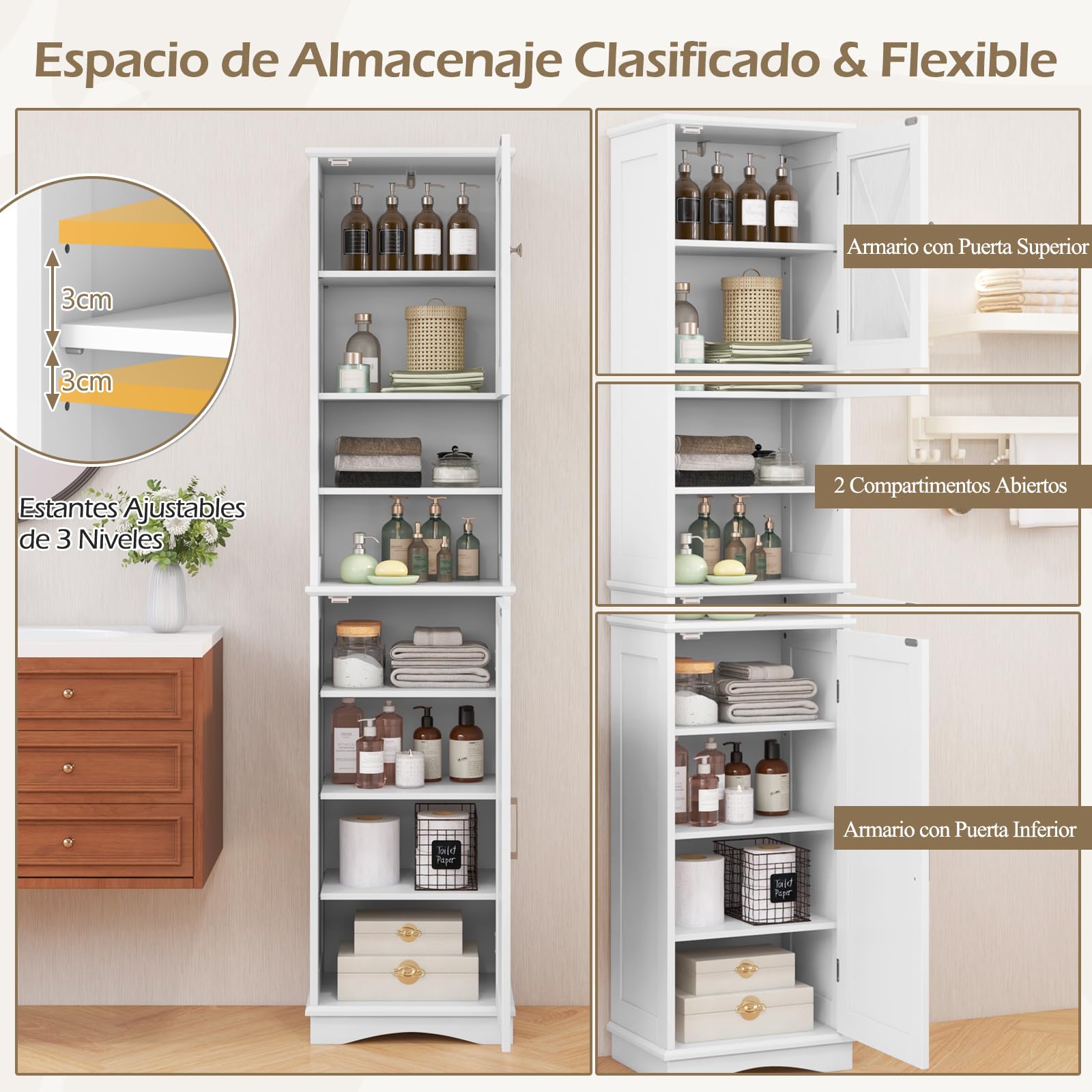 GOPLUS Armario de Baño Alto de 170,5 CM, Armario de Almacenamiento de Pie con Puerta de Acrílico y Estantes Ajustables, 2 Compartimentos Abiertos, Organizador Estrecho para Baño Cocina Salón (Blanco)