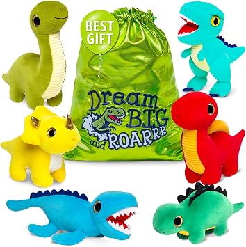 Naturally KIDS Stuffed Animal, Toddler Gifts for Boys, Girls, Plush Toy, Dinosaur Set of 6 with Magic Bag