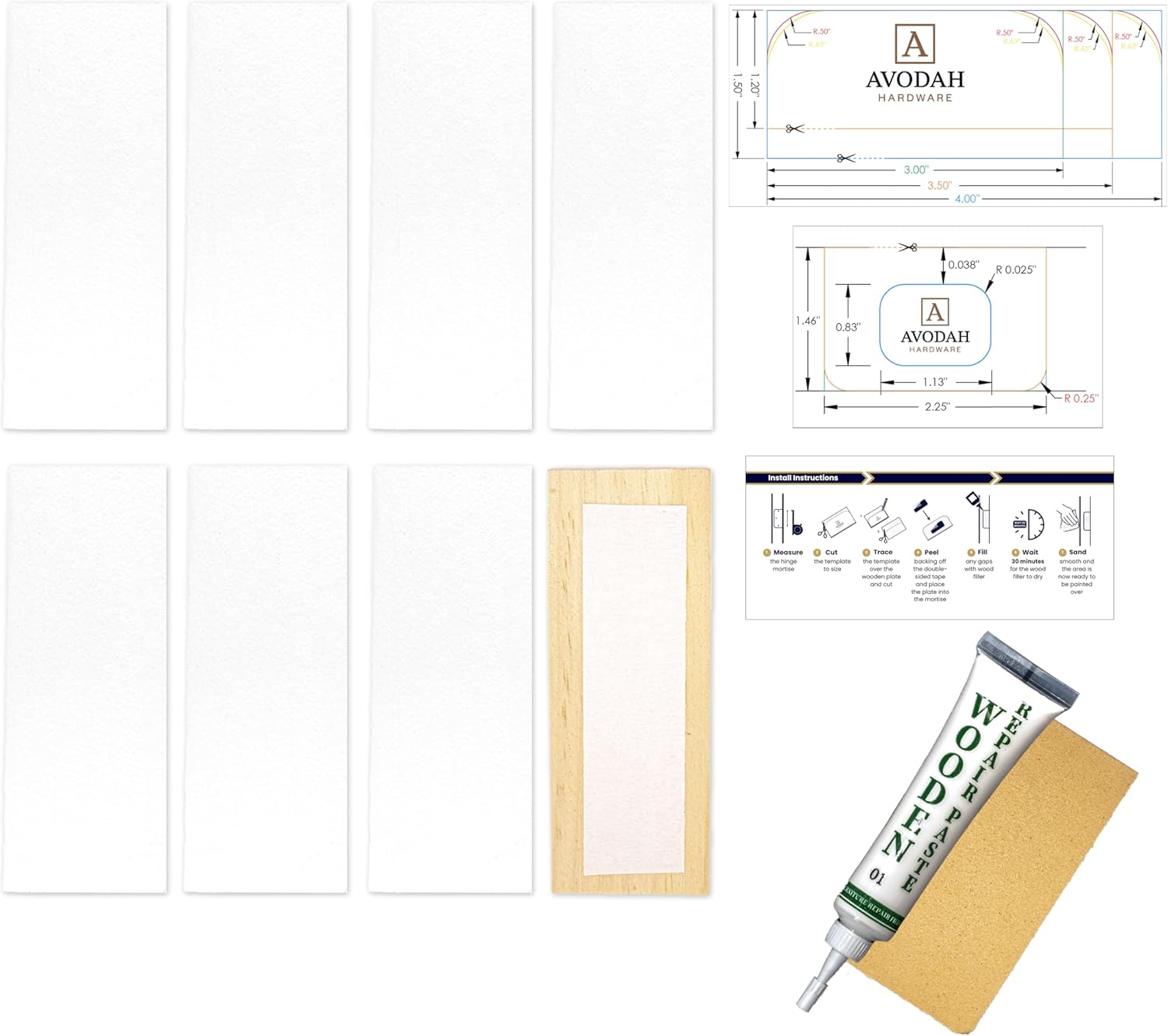8 Wooden Filler Plates, Latch Filler, Hinge Repair Kit, Door Hinge Cover with Templates, Wood Filler, Sandpaper, Instructions Avodah Hardware