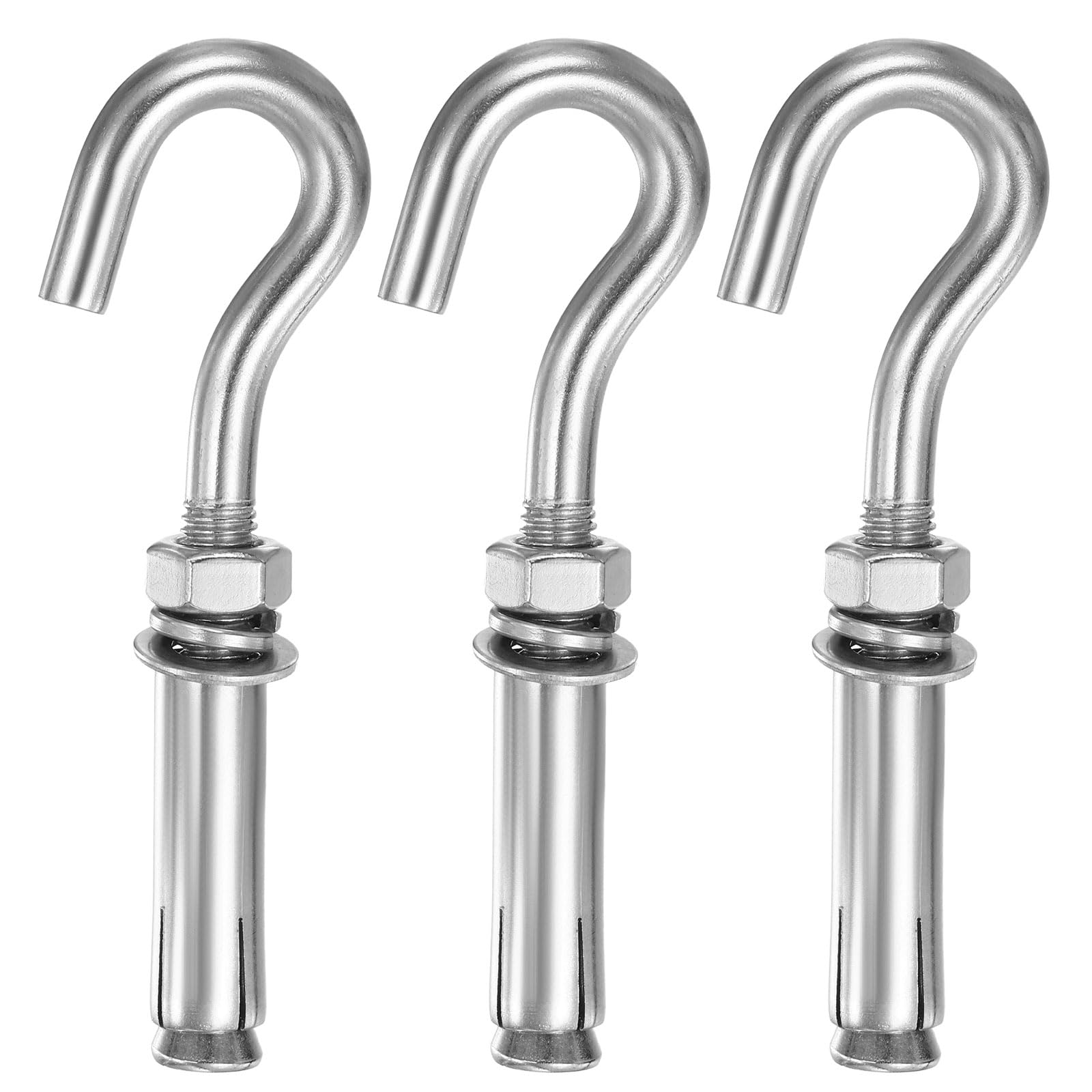 sourcing map 3 Pcs M10 304 Stainless Steel Concrete Wall Hook Heavy Duty Expansion Bolt Small Open Cup Hook Bolt for Indoor Outdoor Concrete Wall Brick Stone, Silver