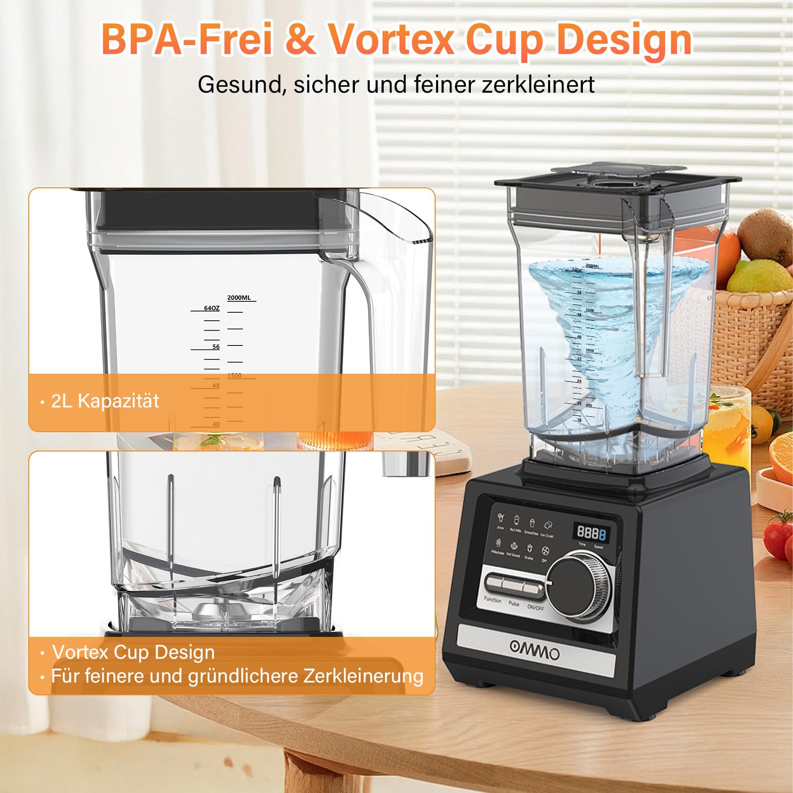 OMMO 2L Standmixer Hochleistungsmixer, Mixer Smoothie Maker mit 9 Geschwindigkeitssteuerungen für Eisbrechen, Milkshakes, Gefriergetränke und Obst, Max 1800W, BPA Frei
