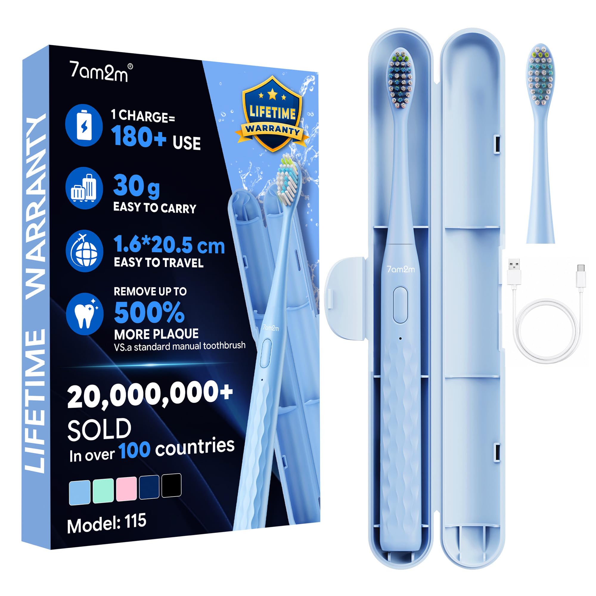 7AM2M Sonic Travel Electric Toothbrush for Adults&amp;Kids, Travel Case&amp;2 Brush Heads, 1 Charge for 90 Days, Type-C Rechargeable Sonic Toothbrush, Compact Design for Daily/Travel Use-Blue