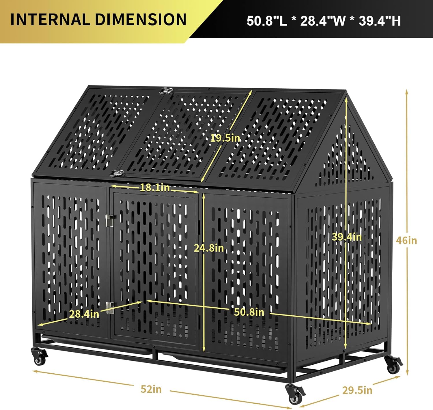 52 Inch Heavy Duty Dog Crate Extra Large Dog Cage, Indestructible XXL Dog Crate Kennel with Open Roof Top, Trays and Wheels, Escape-Proof for High Anxiety Giant Dogs