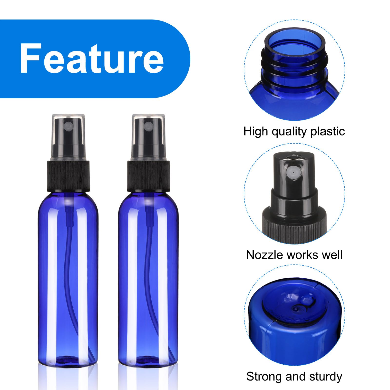 QUARKZMAN 100 Pack Bouteilles Vaporisatrices, 2 Oz/60ML Reutilisables Transparentes Vides Brumisatrices en Plastique Mini Voyage Set, Petits Contenants Liquides Rechargeables(Bleu Noir)