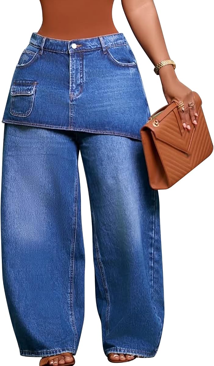 Famnbro Womens Wide Leg Cargo Jeans Baggy Overlay Skirt Denim Pants