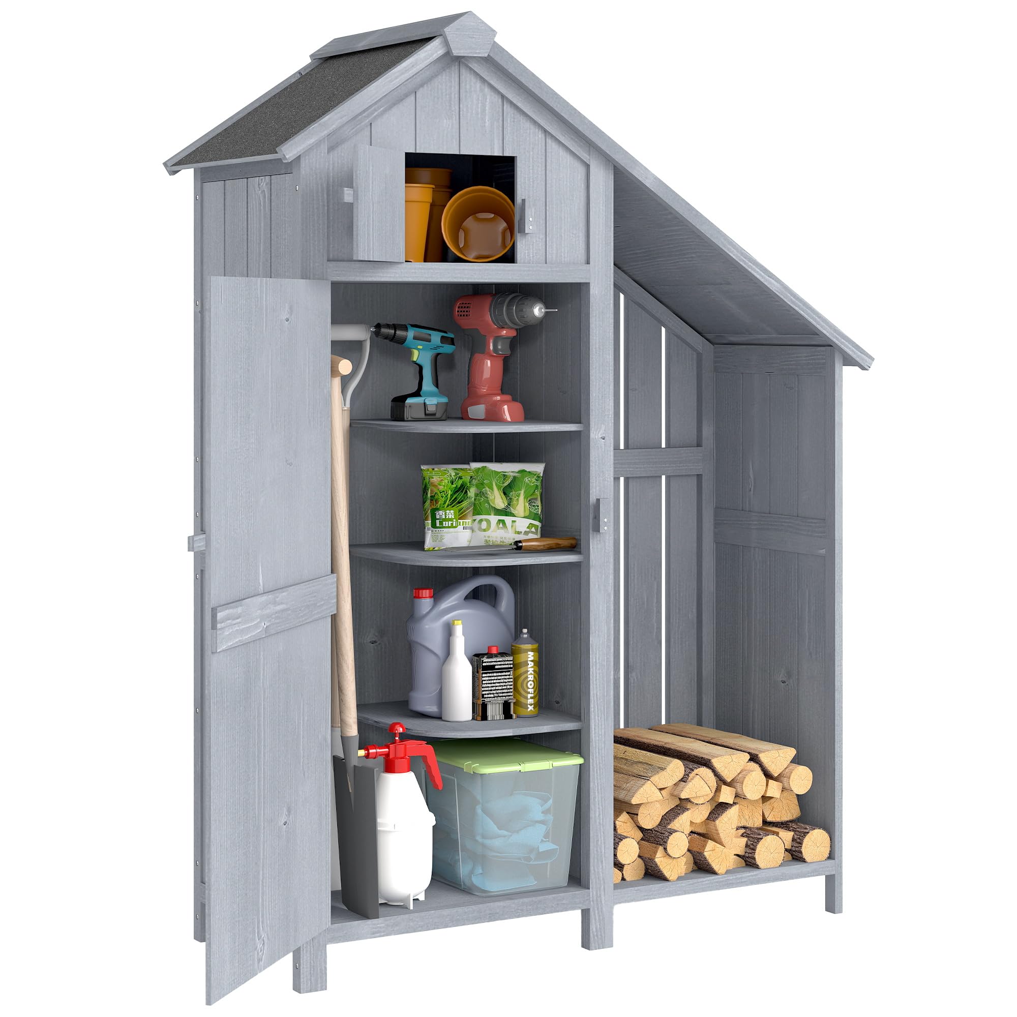 Outsunny Armoire de jardin en bois d'extérieur - Résistant aux intempéries - Avec toit en asphalte - Étagère - Armoire de rangement polyvalente pour jardin, terrasse - 129 x 51,5 x 180 cm - Gris