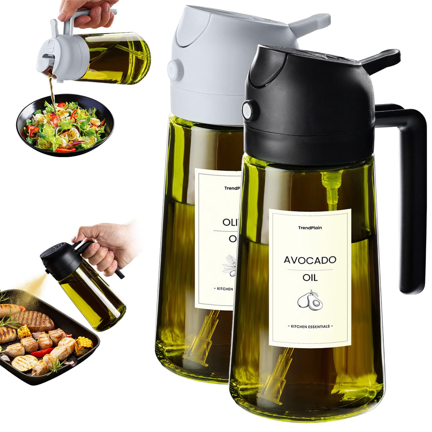 TrendPlain - Original 16oz/470ml Olive Oil Dispenser Bottle for Kitchen Gadgets and Air Fryer Accessories - Olive Oil Sprayer for Cooking w/Stickers - Black&Ash
