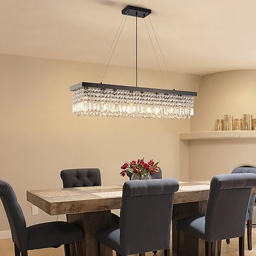 Miniatura 82 de 7PM Candelabro rectangular de cristal K9 moderno colgante rectangular para comedor, cocina, isla dormitorio, color negro, 47 pulgadas de largo x 10